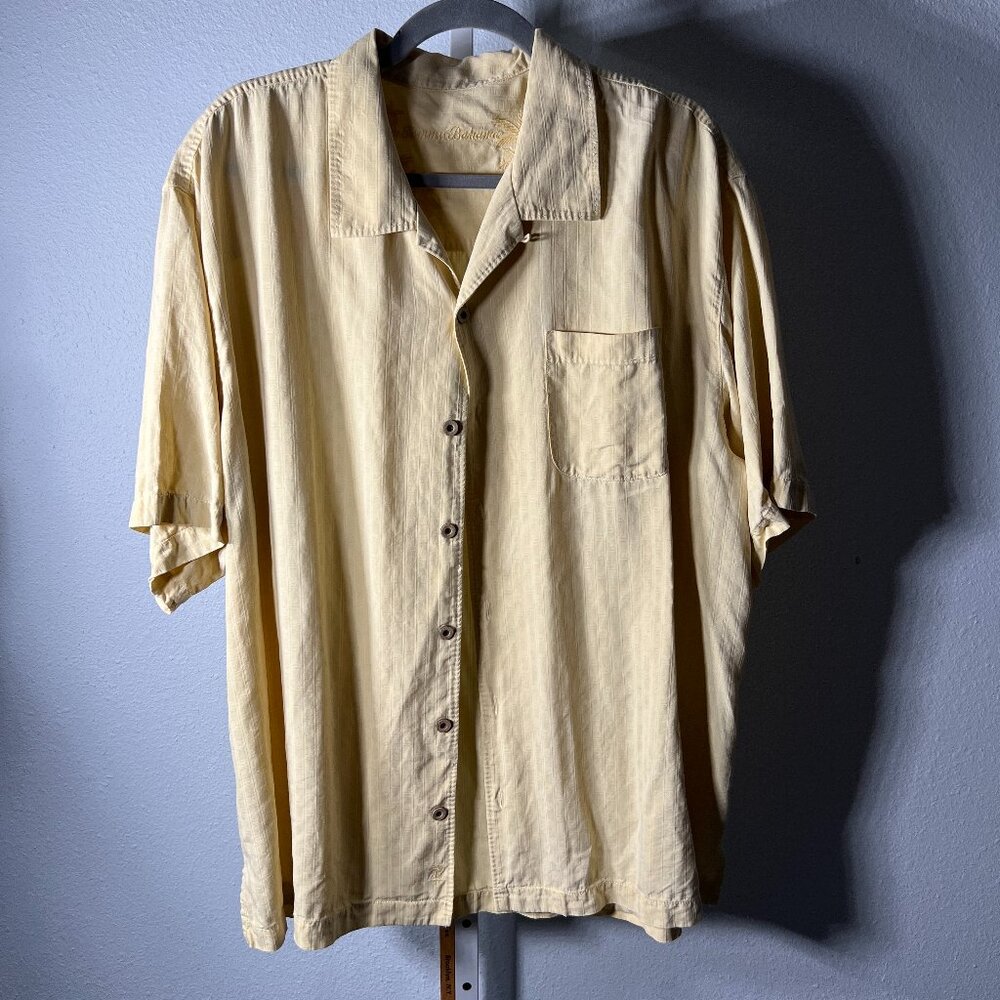 Tommy Bahama 100% Silk Yellow-ish Ivory Embroidered Short-Sleeve Button-Up SZ XL